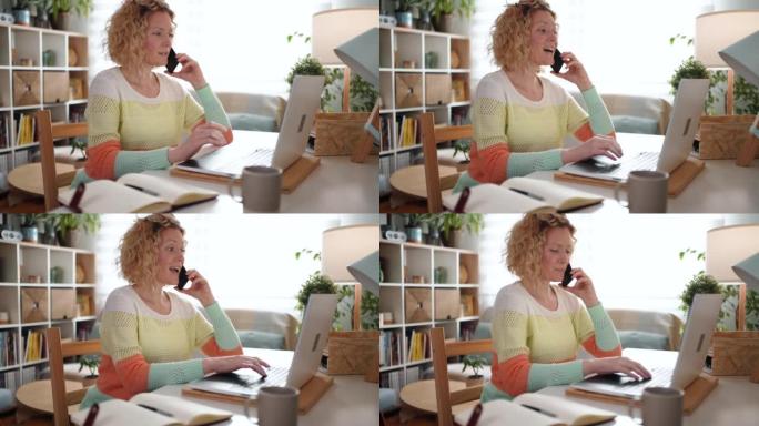 白人妇女在家庭办公室工作时用手机聊天
