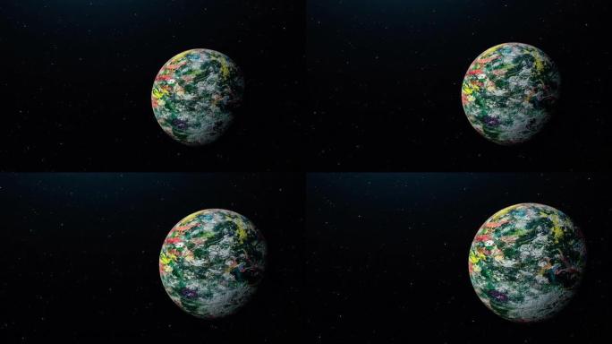 4K 3D渲染抽象垃圾多彩外星星球飞越黑暗星系与辉光星。行星缓慢旋转