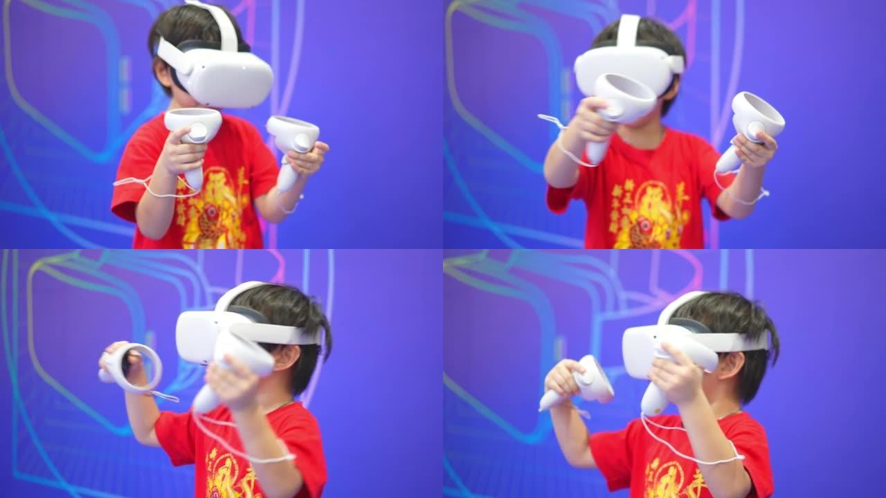 教育，儿童，技术，科学和人的概念: 戴着虚拟现实护目镜的男孩。体验虚拟现实的孩子。看着VR眼镜的小男