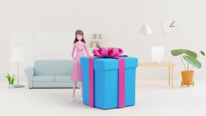 3d卡通快乐女人角色，有大礼品盒。