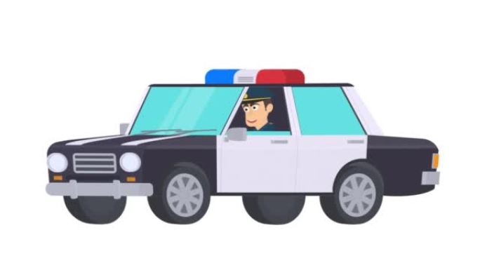 交警。一名警察在车里的动画。卡通