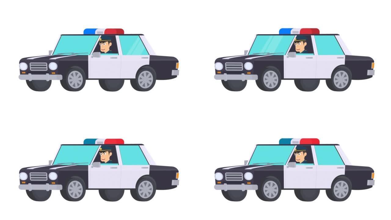 交警。一名警察在车里的动画。卡通