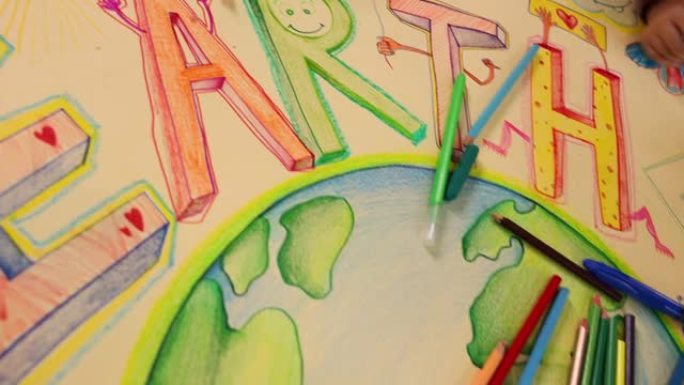 儿童在地球上绘画和着色的B卷，以提高可持续性的重要性