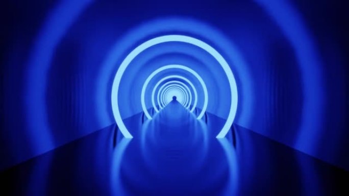 蓝色发光二极管和霓虹灯隧道，带环和镜像背景VJ环路