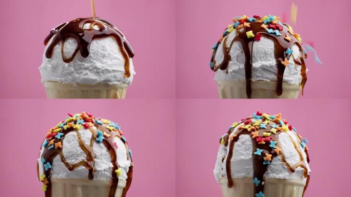 香草白色冰淇淋配焦糖浇头和彩色小点旋转