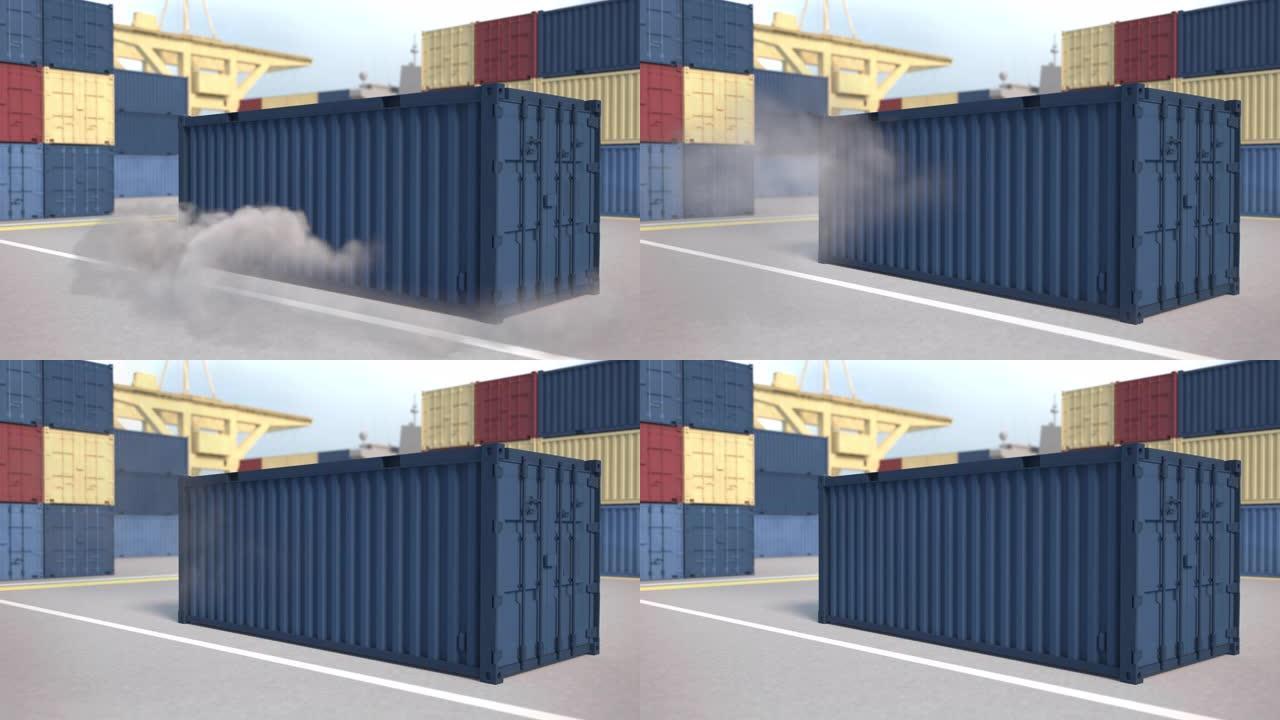 集装箱仓库。蓝色的容器落下了灰尘。港口里壮观的集装箱下降。货物和跨大西洋运输的概念