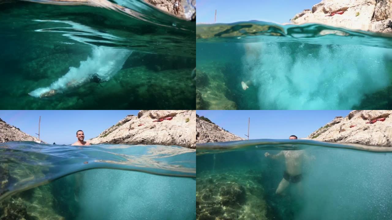 4k视频，男性享受暑假在希腊扎金索斯的海底跳跃和游泳