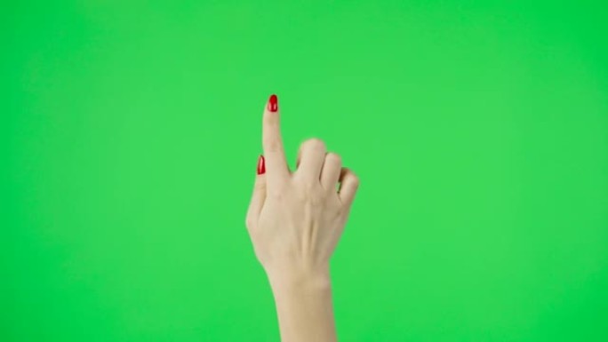 手势包。女性手触摸，点击，点击，滑动，拖动，放大，缩小和滑动色度键绿色屏幕背景。使用智能手机、平板电