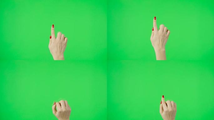 手势包。女性手触摸，点击，点击，滑动，拖动，放大，缩小和滑动色度键绿色屏幕背景。使用智能手机、平板电