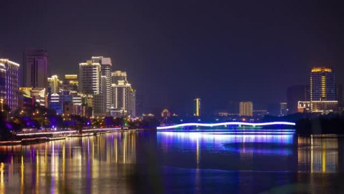 夜间照明三亚市交通河滨海湾大桥全景4k延时中国海南岛