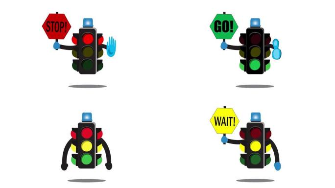 交通灯动画视频。红色、黄色、绿色交通信号。停下，等等。