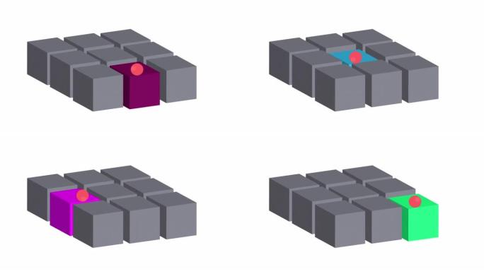 带立方体的球。立方体上弹跳球的动画。卡通