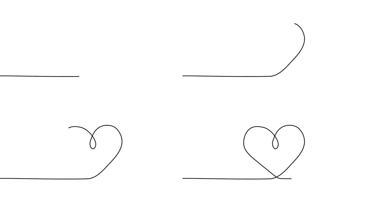 自画动画心。白色背景上的心形手绘黑线动画，爱情符号。自绘简单动画。一心线连续绘制，高清