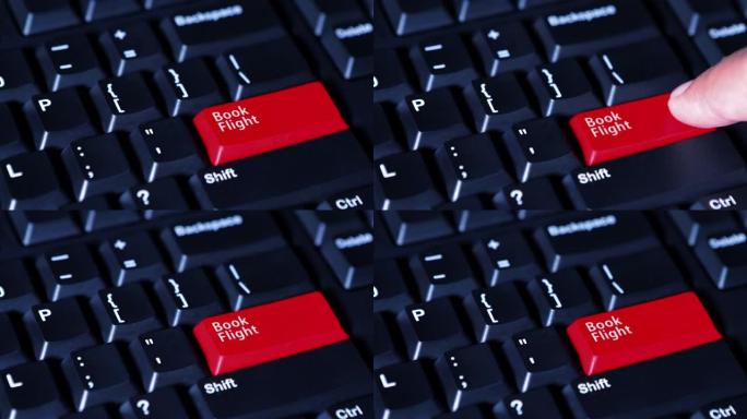 一名男性手在电脑键盘上按下带有红色的书籍飞行按钮的视频片段