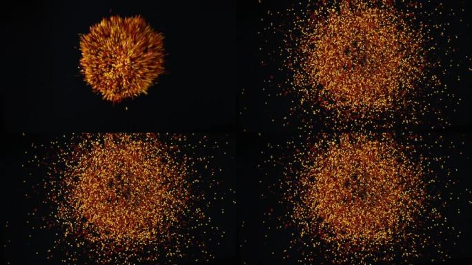 新鲜辣椒堆变成碎红辣椒，宏观顶拍