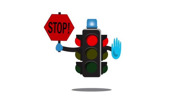 交通灯动画视频。红色、黄色、绿色交通信号。停下，等等。