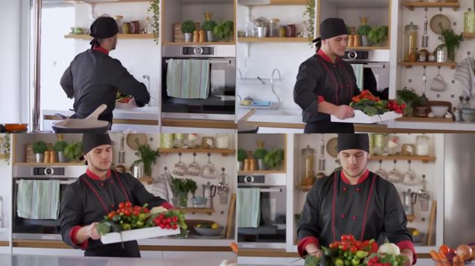专业厨师拿一个装有洗过蔬菜的托盘放在厨房柜台上