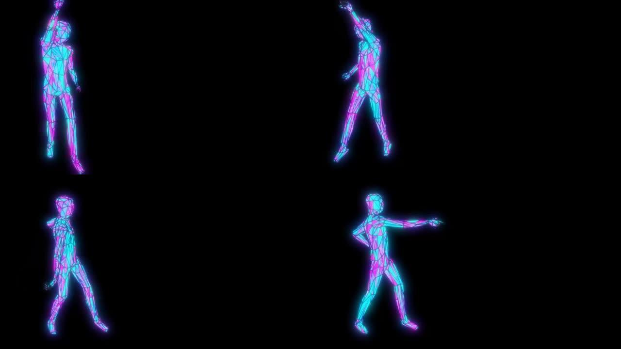 未来派赛博朋克数字风格化女人跳舞，物联网5g数据网络计算机黑客概念，孤立在黑色背景上，复制空间