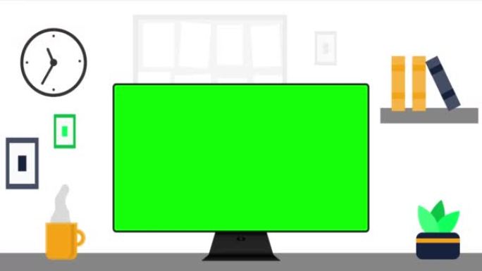 工作场所房间、办公室或橱柜动画的现代内部。办公桌与电脑和绿屏特写。平面风格的彩色4k动画。模拟。