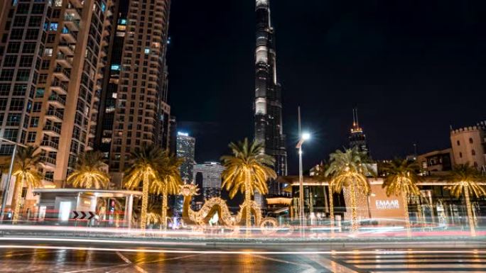 迪拜夜间哈利法塔摩天大楼的延时。