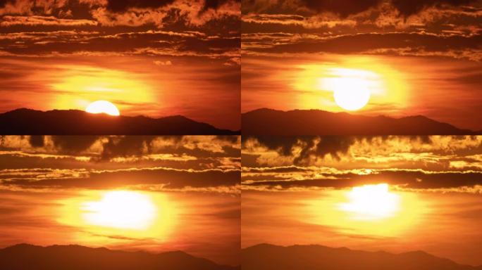 日出或日落时美丽晴朗的大太阳，云和天空自然景观。4k镜头。
