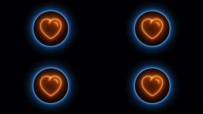 黑色背景上发光的霓虹灯线心形图标。爱的形状，情人节和浪漫作为框架圆圈的象征。4K UHD视频动态动画