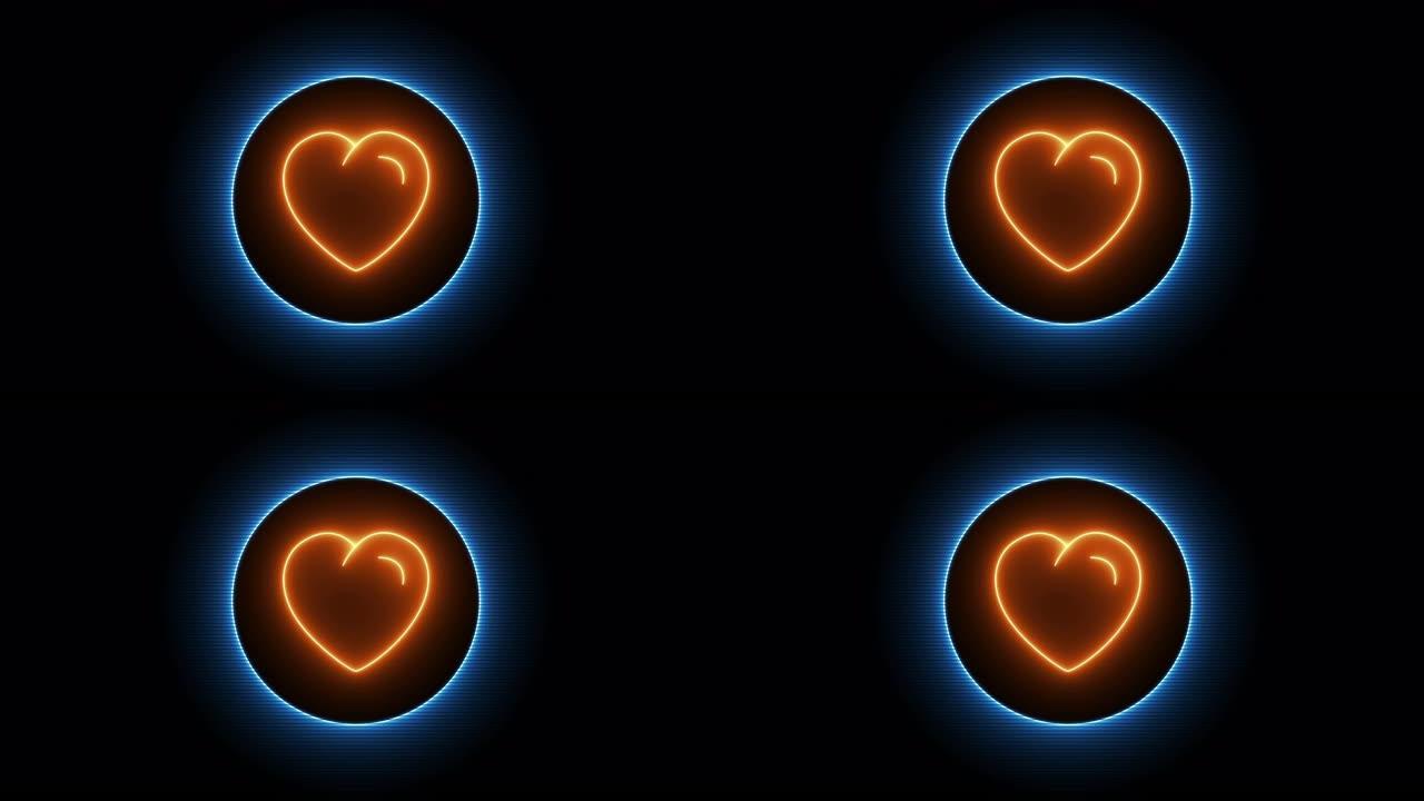 黑色背景上发光的霓虹灯线心形图标。爱的形状，情人节和浪漫作为框架圆圈的象征。4K UHD视频动态动画