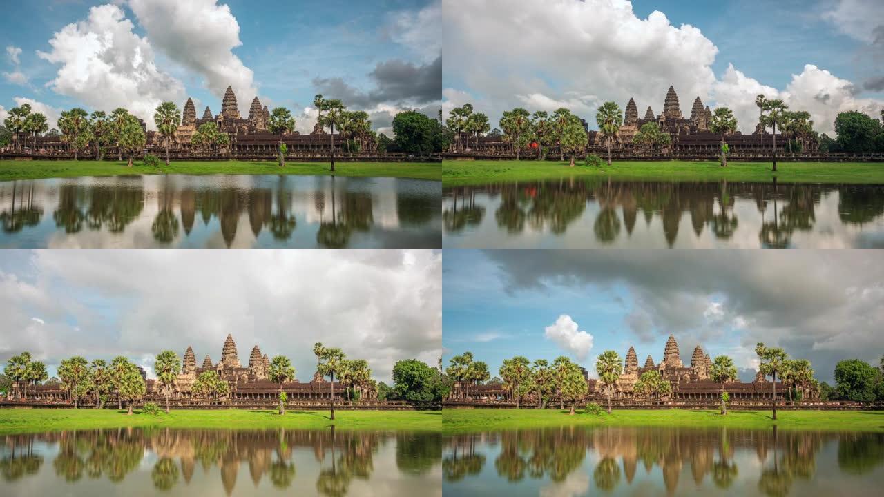 柬埔寨暹粒，吴哥窟古庙遗址上戏剧性天空的延时视图