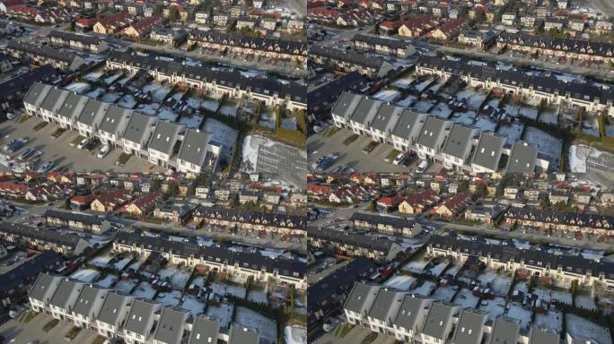具有现代住宅郊区社区的欧洲小城市的鸟瞰图