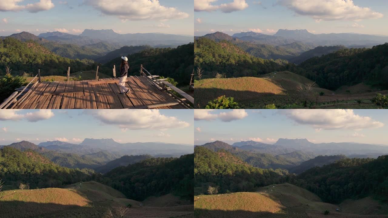 空中无人驾驶飞机在哈杜比视点的山顶木制露台上与Doi Luang Chiang Dao mounta