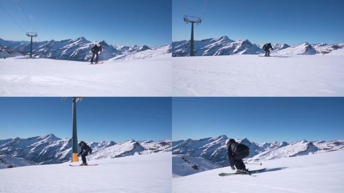 专业滑雪教练在意大利阿尔卑斯山 (蒙特罗莎) 进行快速滑雪