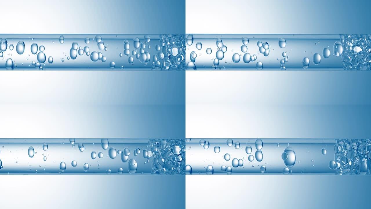 透明液体在玻璃管中流动的不同大小的气泡