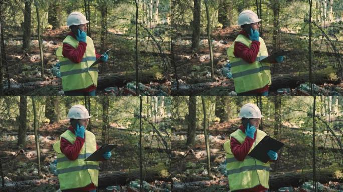 工作服中的生态学家妇女因在公园内倾倒塑料废物而被罚款