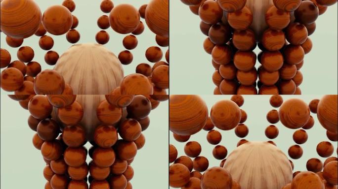 落在小球散开的小球体内的木制棕色球体的特写。设计。具有移动反向效果的破坏球的形状
