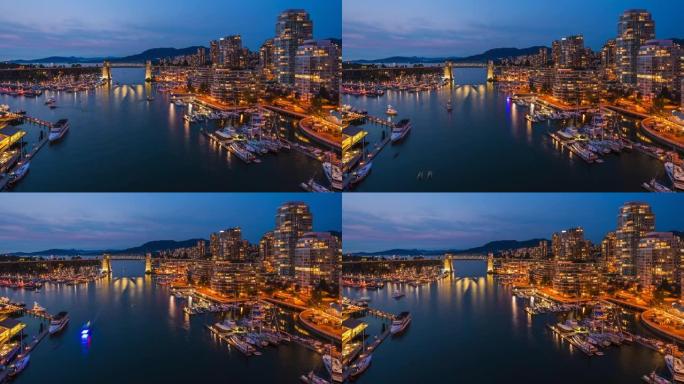 加拿大不列颠哥伦比亚省温哥华黄昏时福溪和市中心建筑上的船只的延时视图
