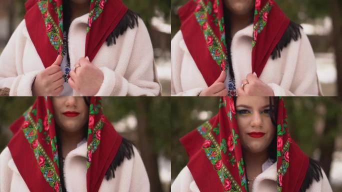穿着刺绣衬衫的乌克兰黑发女孩走路。乌克兰民族服饰。