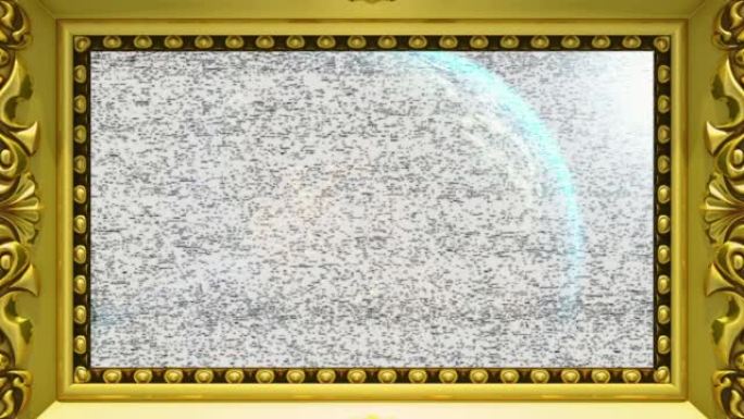 带有电视噪音，3d动画的金色框架中的地球视图