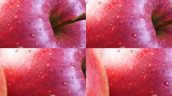 苹果皮上的水滴，特写。红苹果。
