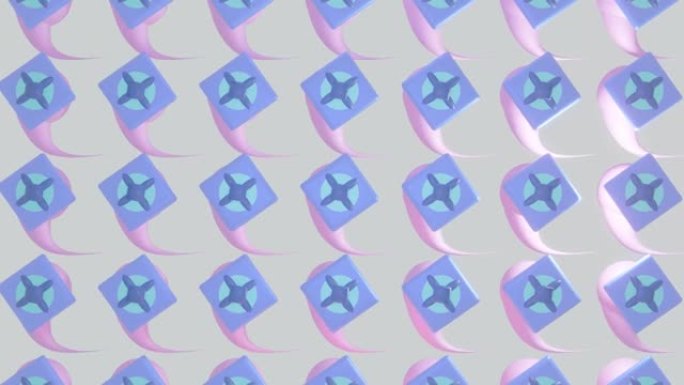 蓝色光泽方形瓷砖在浮动粉色逗号上方旋转3d渲染