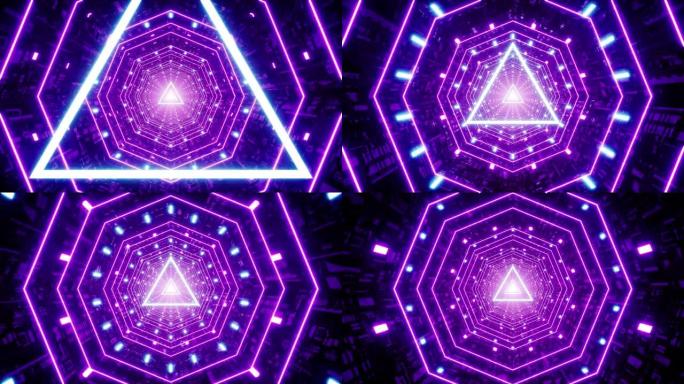 八角形科技隧道中发光的紫色三角光