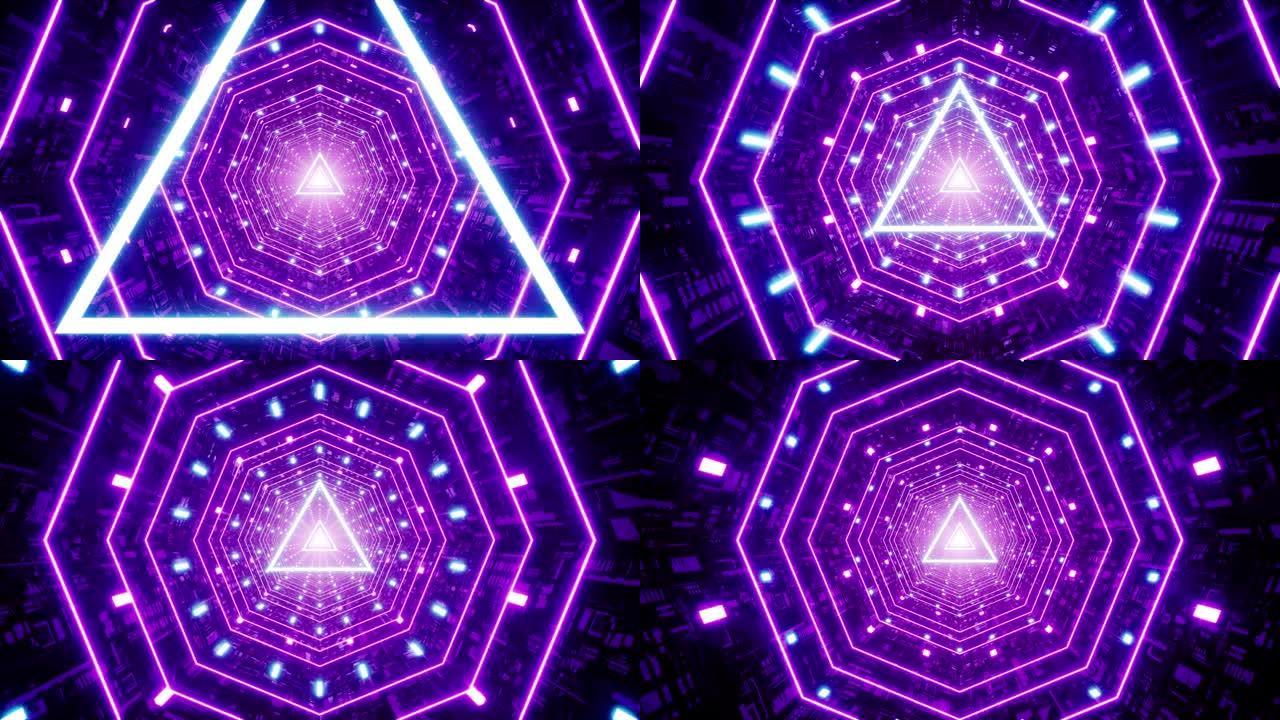 八角形科技隧道中发光的紫色三角光