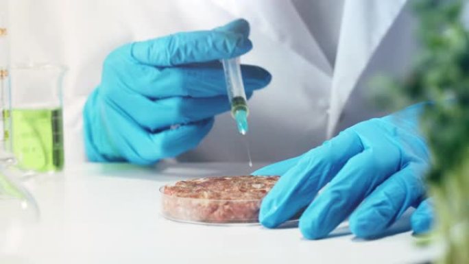 医学家检查肉末，穿着防护用品，在实验室工作。食品研究，产品的基因改造。微生物学家分析实验室种植的肉块