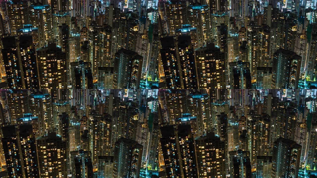 香港是世界上人口最稠密的城市之一，中国夜间住宅建筑的延时视图