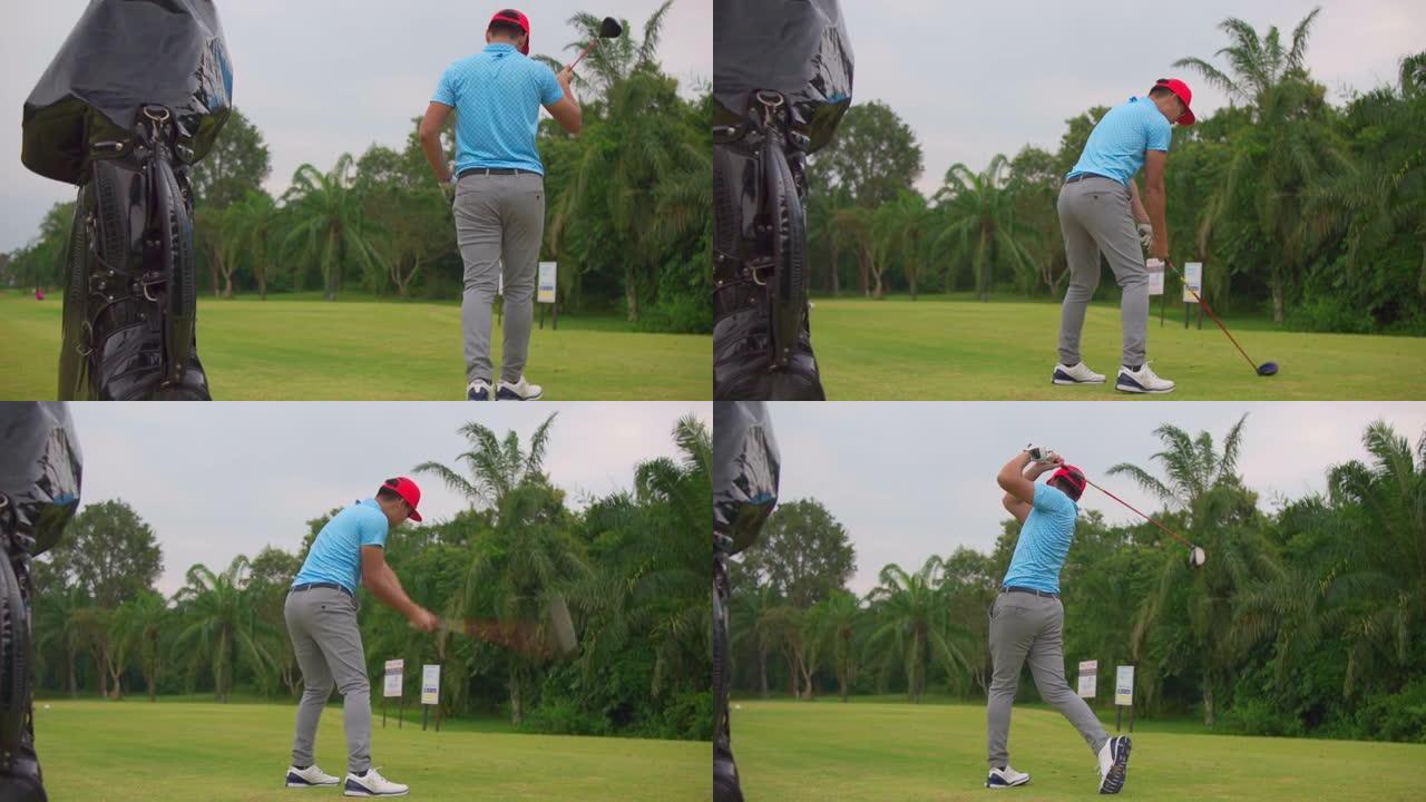 职业高尔夫球场男子高尔夫球手的镜头。