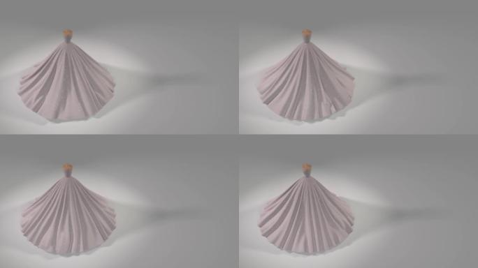 白色背景上的浅灰色白色蓬松闪亮连衣裙转身。3D 4k循环动画，带复制空间