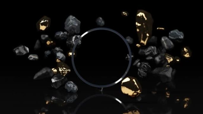 黑色背景上孤立的黑色大理石基座的3d渲染，圆形金色自由形式的岩石，抽象的最小概念，空白的空间，干净的