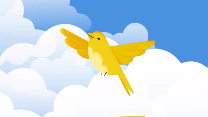 全国鸟日的数字动画文字横幅和黄色的小鸟图标，对抗天空中的云彩