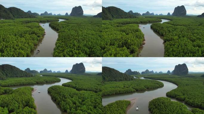 泰国攀牙省红树林的鸟瞰图日落场景，日出，4K(UHD)，海洋和红树林景观的空中拍摄