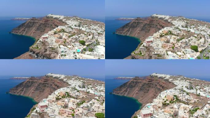 希腊，圣托里尼岛:从空中俯瞰菲拉岛，圣托里尼岛(蒂拉或锡拉)的首府，标志性的白色房屋，高耸在地中海上