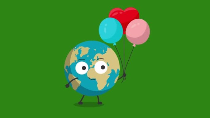 可爱的地球角色与生日气球动画。